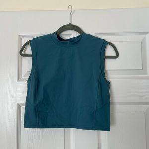 lululemon, high neck, open back, crop top, size 8, teal blue color